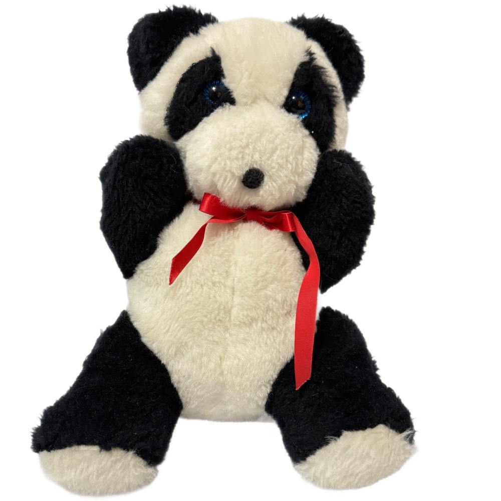 Haan Crafts Handmade Panda Bear Plush Stuffed Animal Red Ribbon Blue Eyes